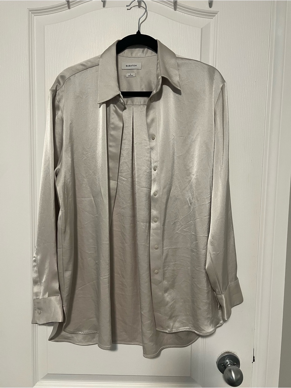 Aritzia Babaton Satin Button-Up Blouse in Matte Pearl